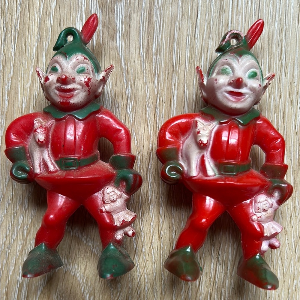 Vintage Rosbro Pair Christmas Elf Red and Green Christmas Ornament evil Scary